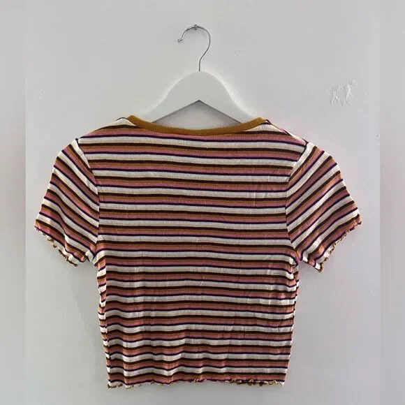 Wild Fable || Women’s Multicolor Striped Crop Casual Summer Top Ruffle Hem M - Picture 2 of 6